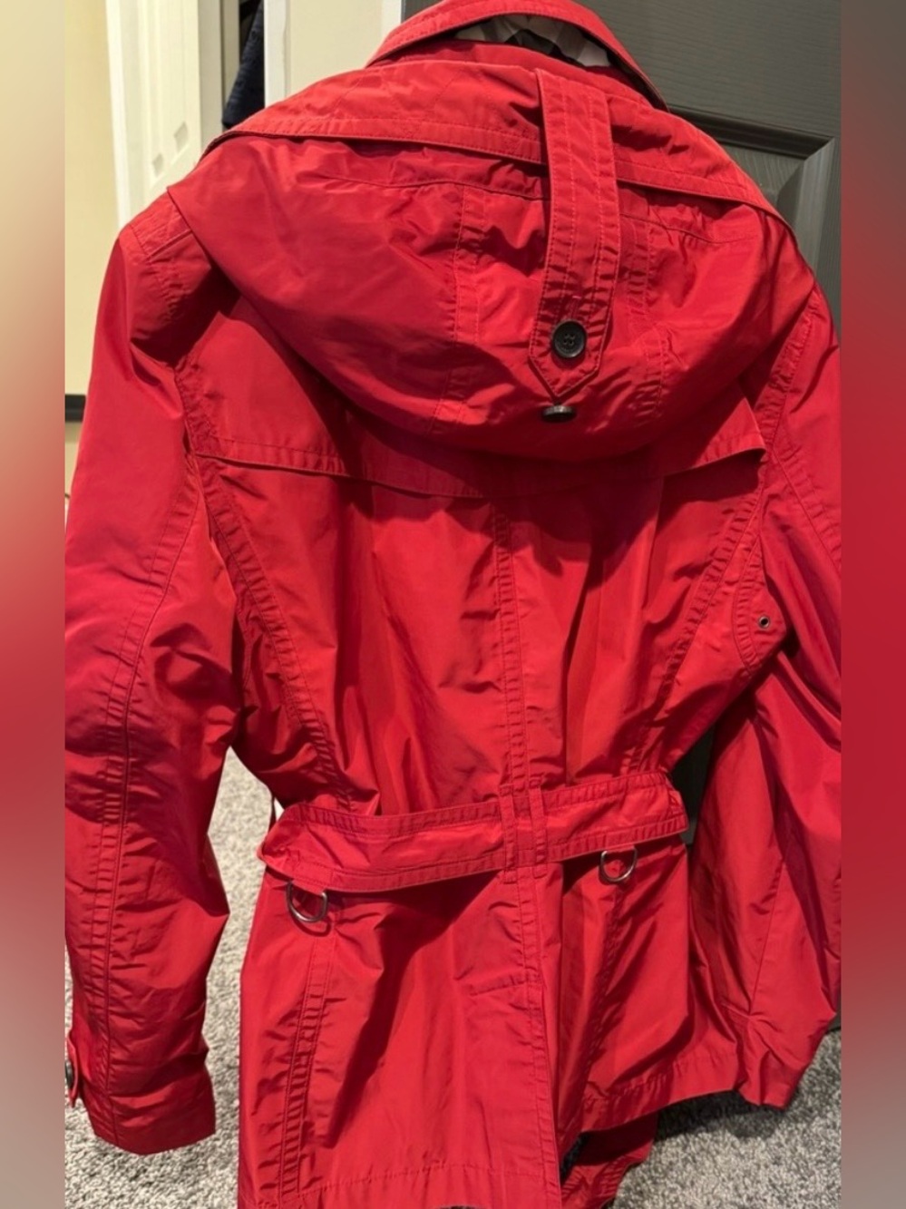 Burberry Balmoral Red Short Trench Coat Hooded Belted Jacket US 14 EUC - Picture 6 of 16